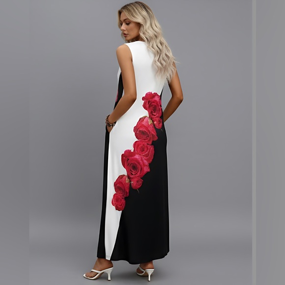Black/White Floral Maxi Dress With Pockets - Picture 4 of 8
